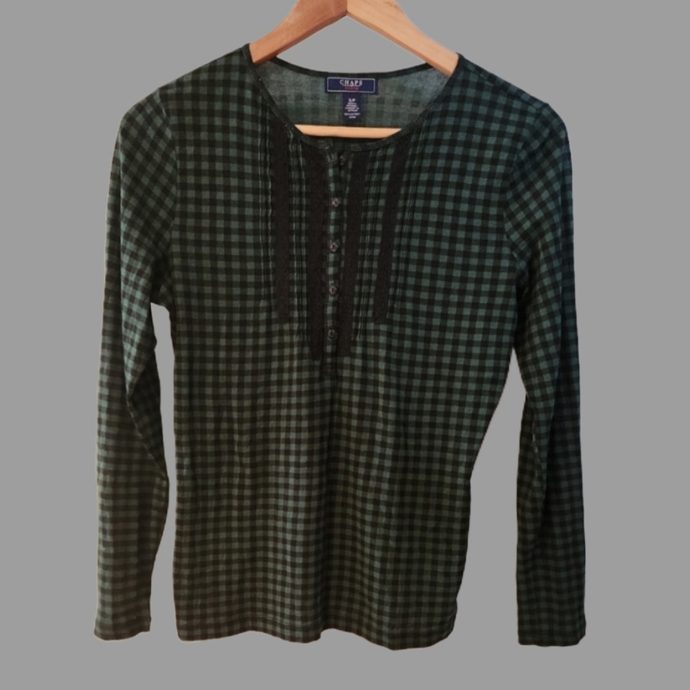 Chaps Cotton Long Sleeve Gingham Top With Lace‎
